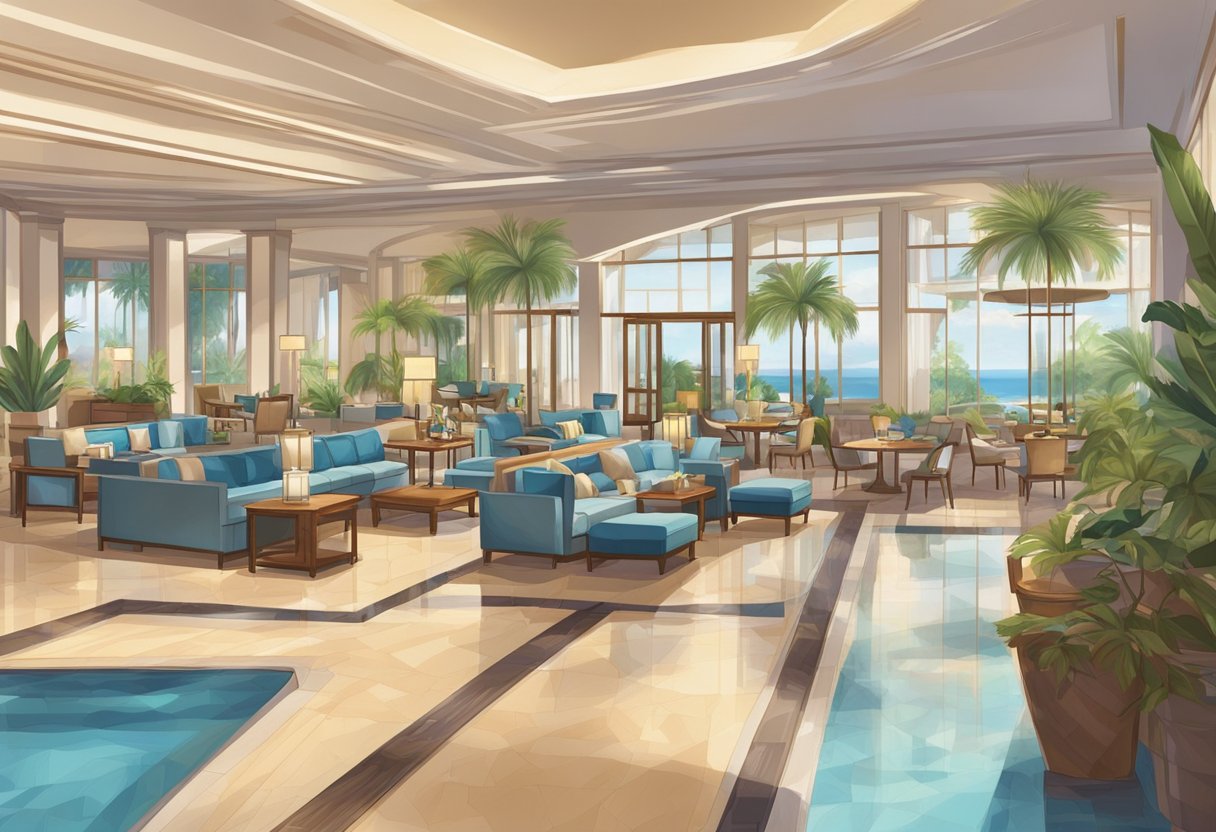 The hotel lobby bustles with guests checking in, while the gym and spa offer relaxation. The restaurant serves delicious meals, and the pool provides a refreshing escape