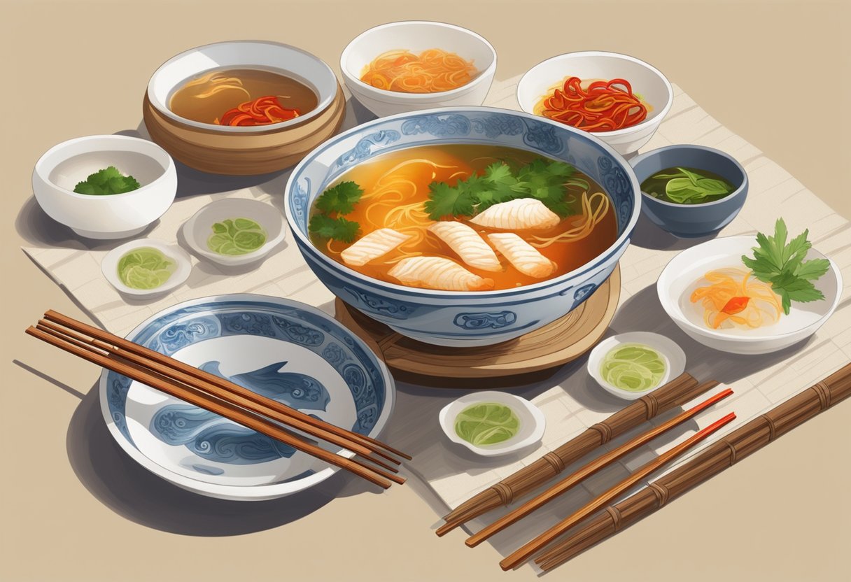 A steaming bowl of Yu Pan fish soup sits on a bamboo placemat, surrounded by chopsticks and a small dish of chili oil