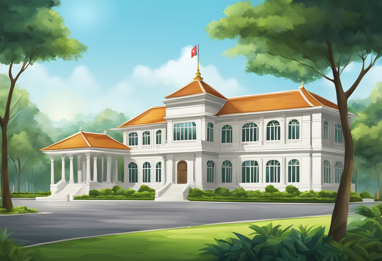 The Myanmar embassy in Singapore stands tall with its traditional architecture and vibrant national flag, surrounded by lush greenery and well-maintained grounds