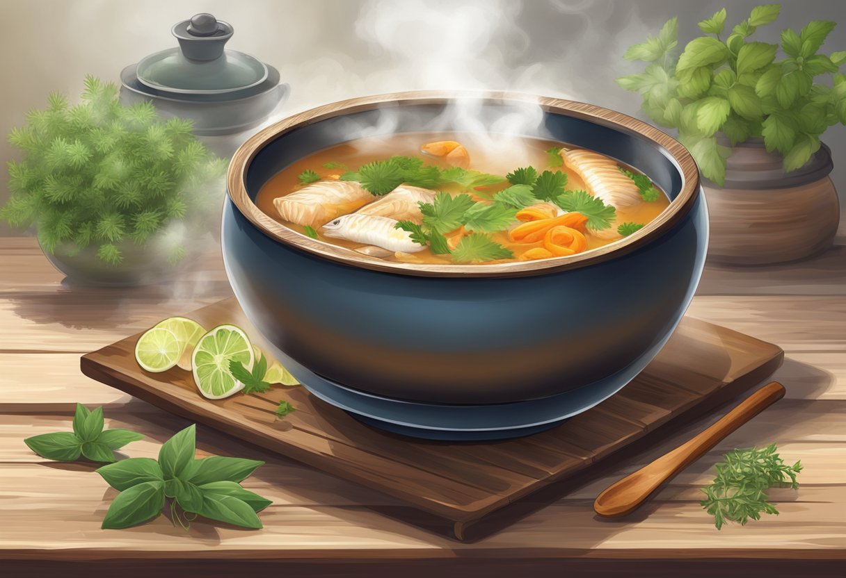 A steaming bowl of yu pan fish soup sits on a rustic wooden table, surrounded by fresh herbs and spices. A fragrant steam rises from the bowl, inviting the viewer to take a taste