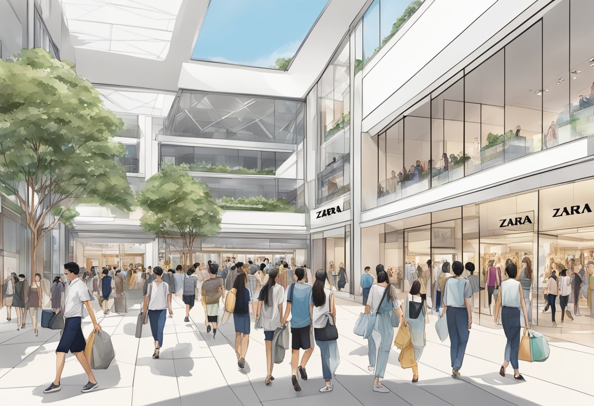 The bustling Zara outlets in Singapore, with modern storefronts and busy shoppers