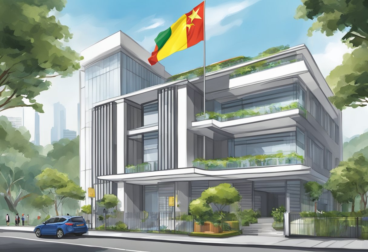 The Myanmar embassy in Singapore provides consular services. The building is adorned with the flags of both countries, and people can be seen entering and exiting the premises