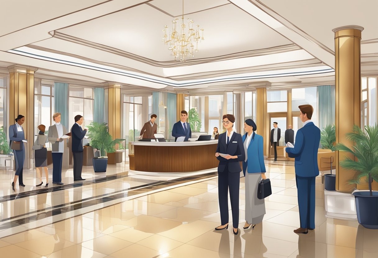 A bustling hotel lobby with guests checking in, a concierge assisting visitors, and staff members answering questions at the front desk