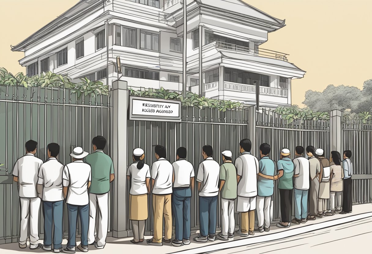 A queue of people waiting outside the Myanmar embassy in Singapore, with a sign displaying "Frequently Asked Questions" prominently