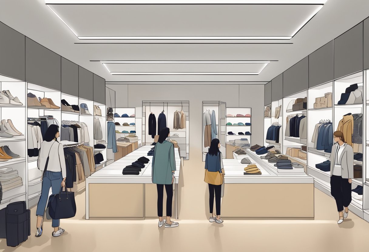 Customers browsing racks of clothing in a modern, well-lit Zara store in Singapore. Shelves neatly stocked with merchandise, and trendy displays catch the eye