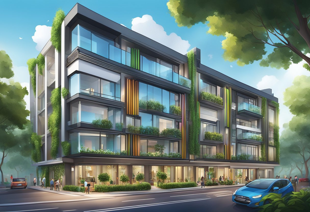 The Art on Boutique Hotel in Singapore is a modern building with sleek lines and vibrant colors, surrounded by lush greenery and a bustling cityscape