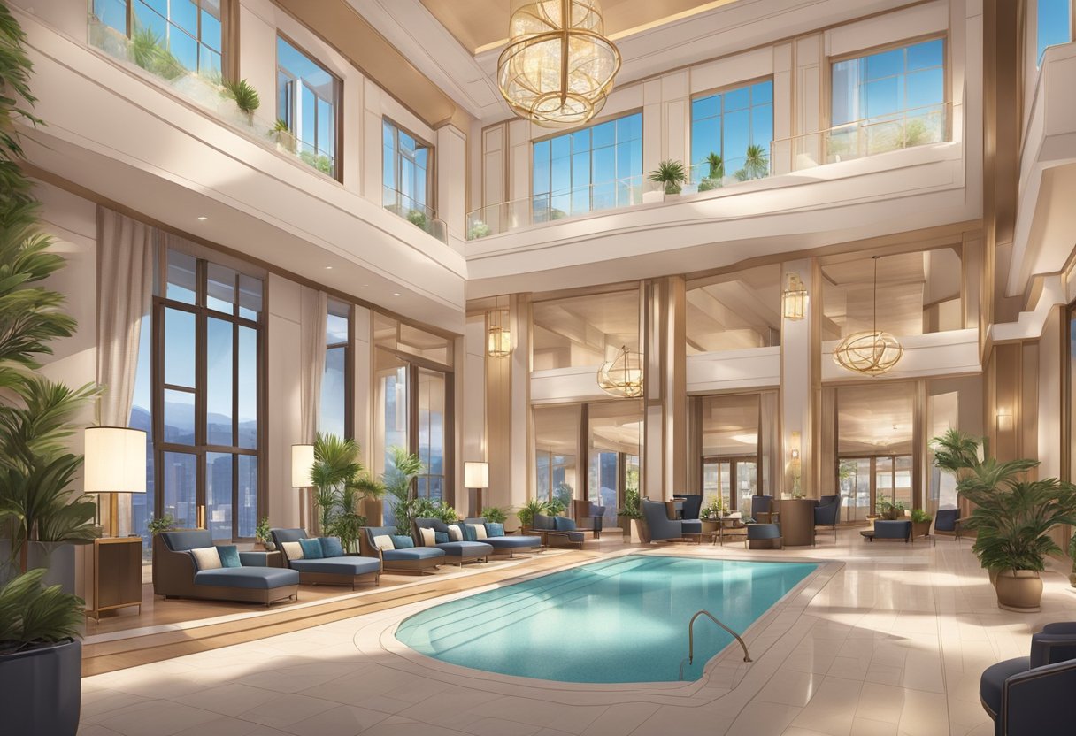 Luxurious lobby with concierge desk, cozy seating areas, and elegant decor. Spa, fitness center, and rooftop pool offer relaxation and stunning views