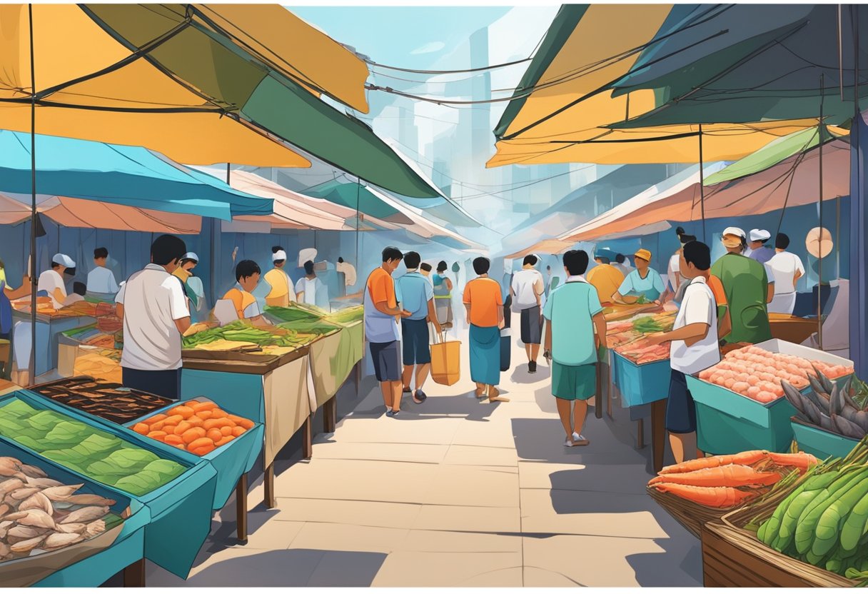 A bustling seafood market in Singapore, with colorful stalls and a variety of fresh catches on display. The air is filled with the sounds of bargaining and the smell of the sea