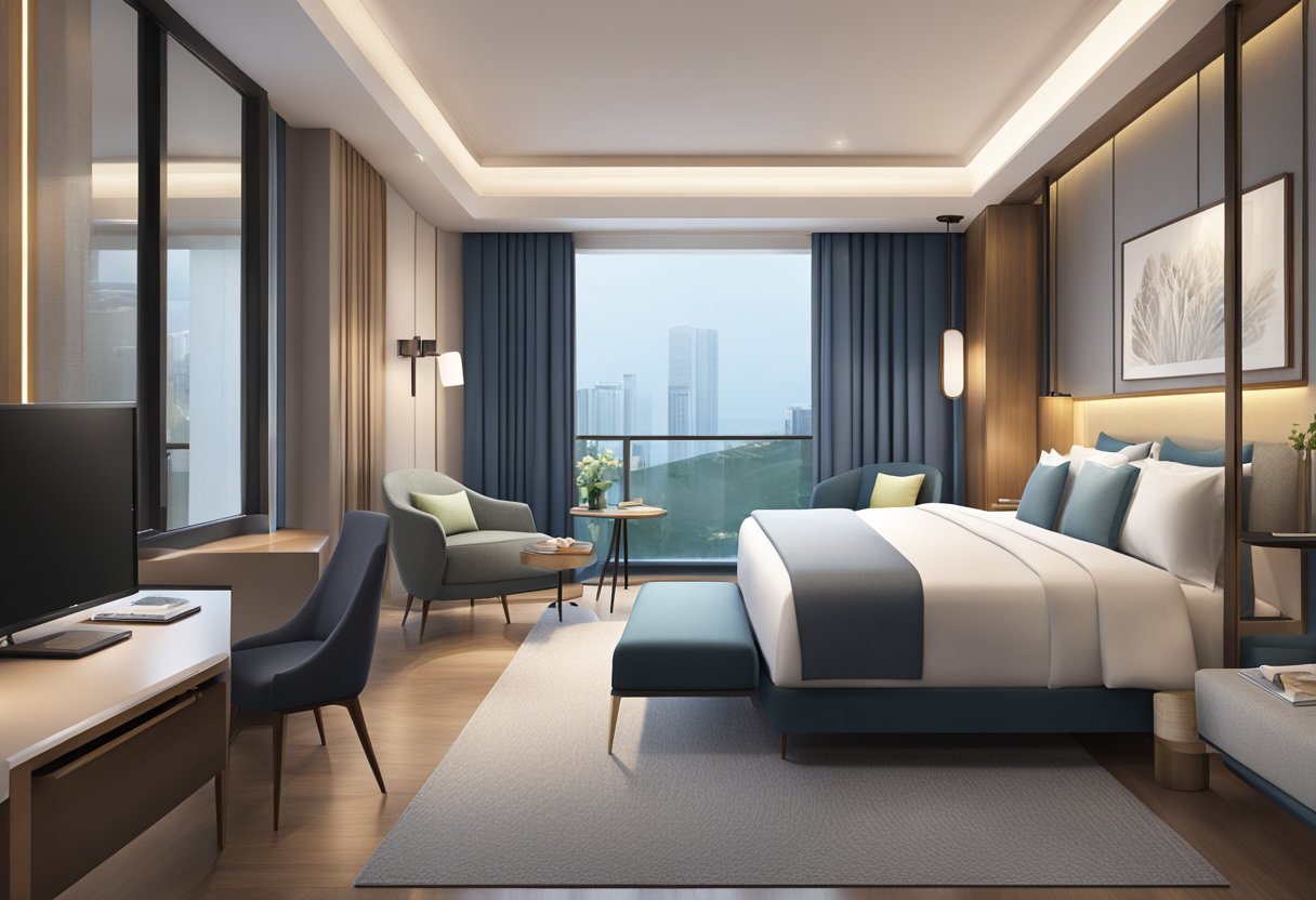The boutique hotel room in Singapore features modern furniture, sleek design, and soft lighting