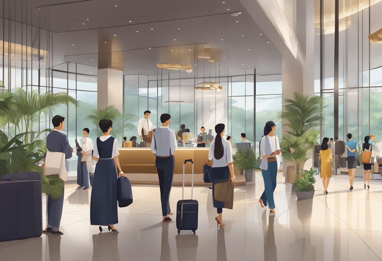 The bustling lobby of a modern boutique hotel in Singapore, with guests checking in and out, and staff assisting with luggage and inquiries