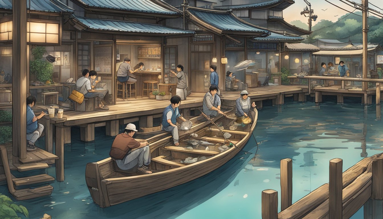 Customers sit on wooden boat seats, surrounded by water tanks, and attempt to catch their own fish for dinner at Zauo Fishing Restaurant in Osaka