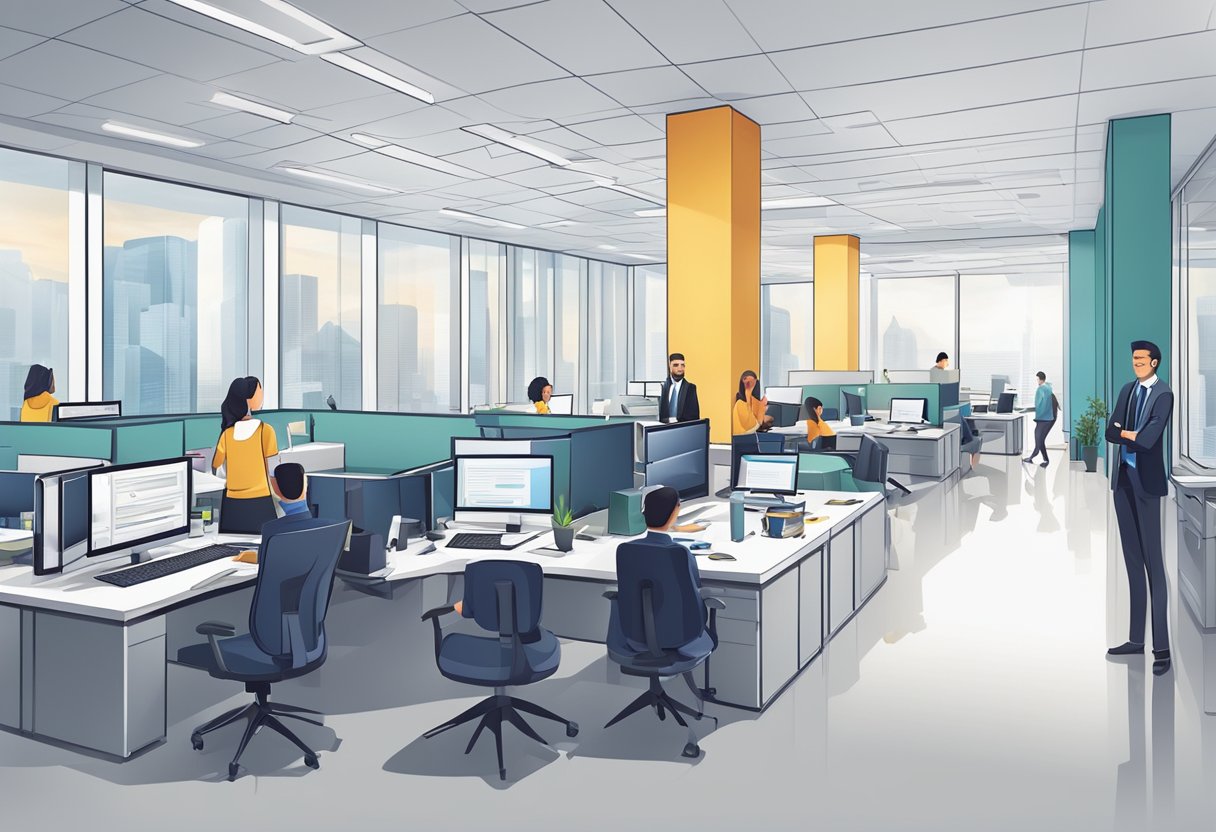 A bustling office with a modern, sleek design. A team of professionals working together, with a focus on collaboration and innovation