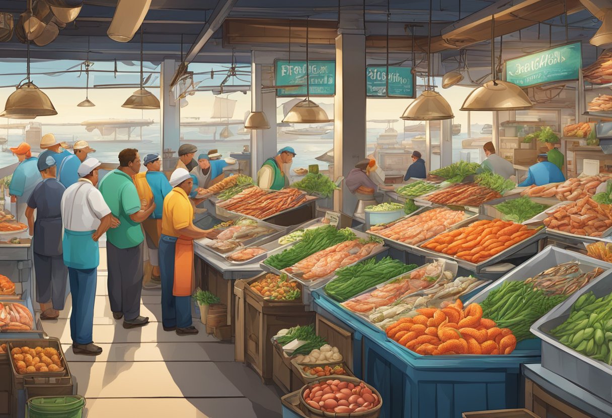 A bustling seafood market with vibrant displays of fresh catches and colorful signage advertising menu highlights and specialties