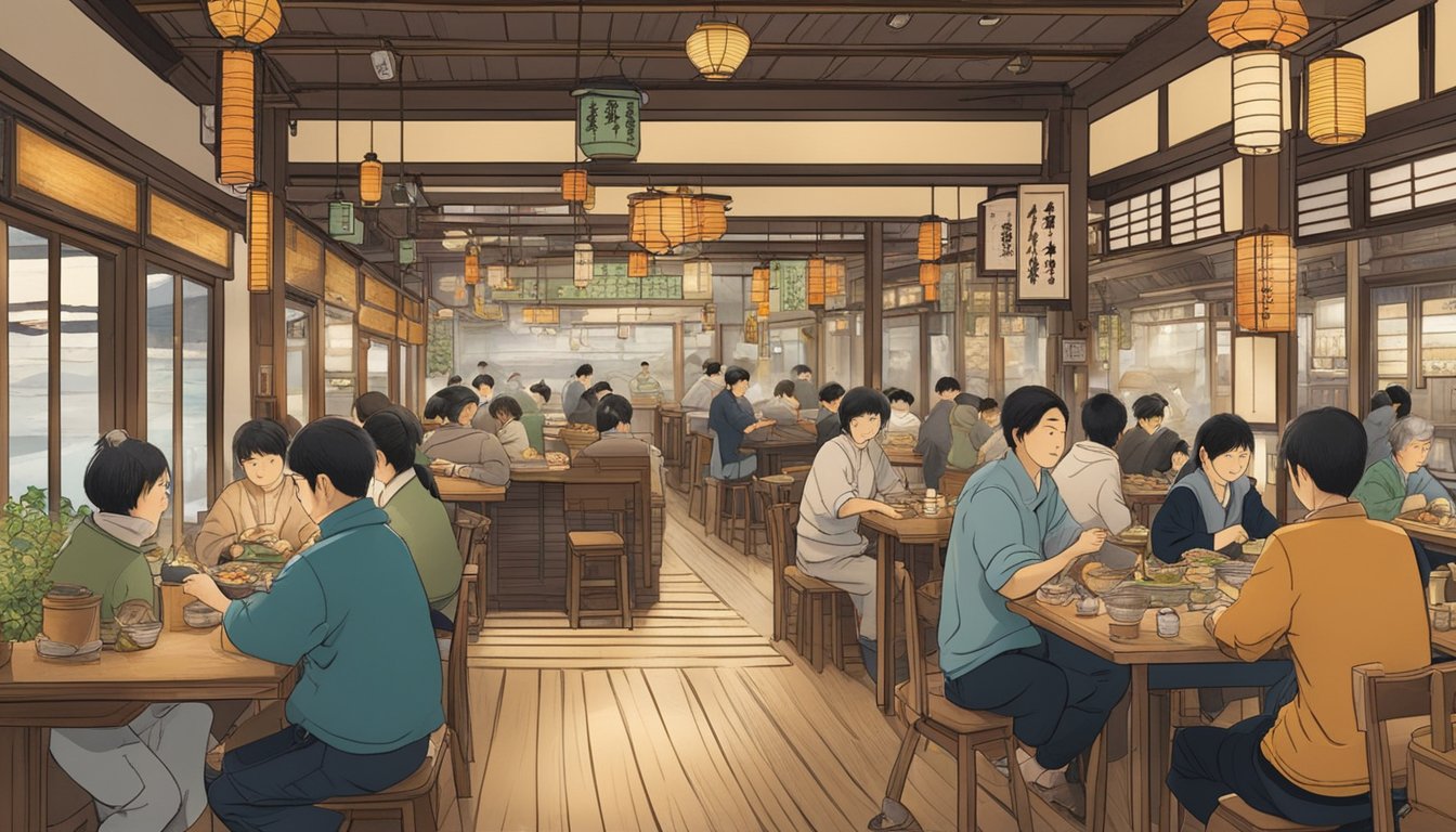 A bustling zauo fishing restaurant in Osaka with customers catching fish, lively atmosphere, and traditional Japanese decor