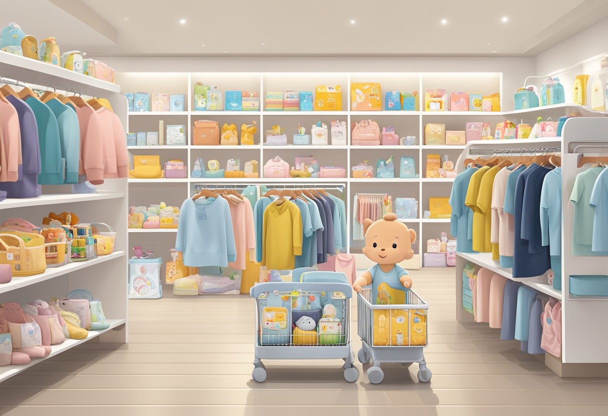 A wide array of baby products displayed on shelves in a well-lit store. Various items such as clothing, toys, and accessories are neatly organized, showcasing the diverse selection available at Mothercare Singapore