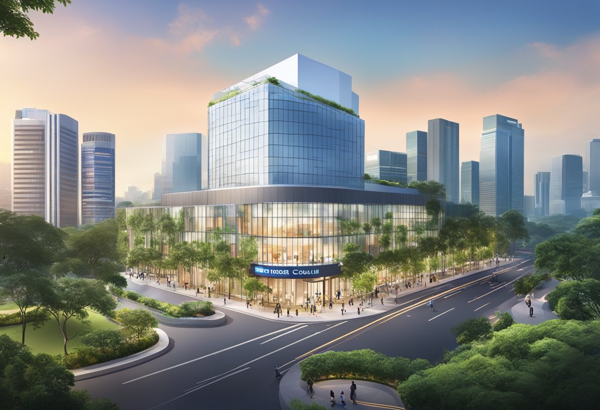 The British Council Singapore building stands tall with its modern architecture and sleek design, surrounded by lush greenery and vibrant city life