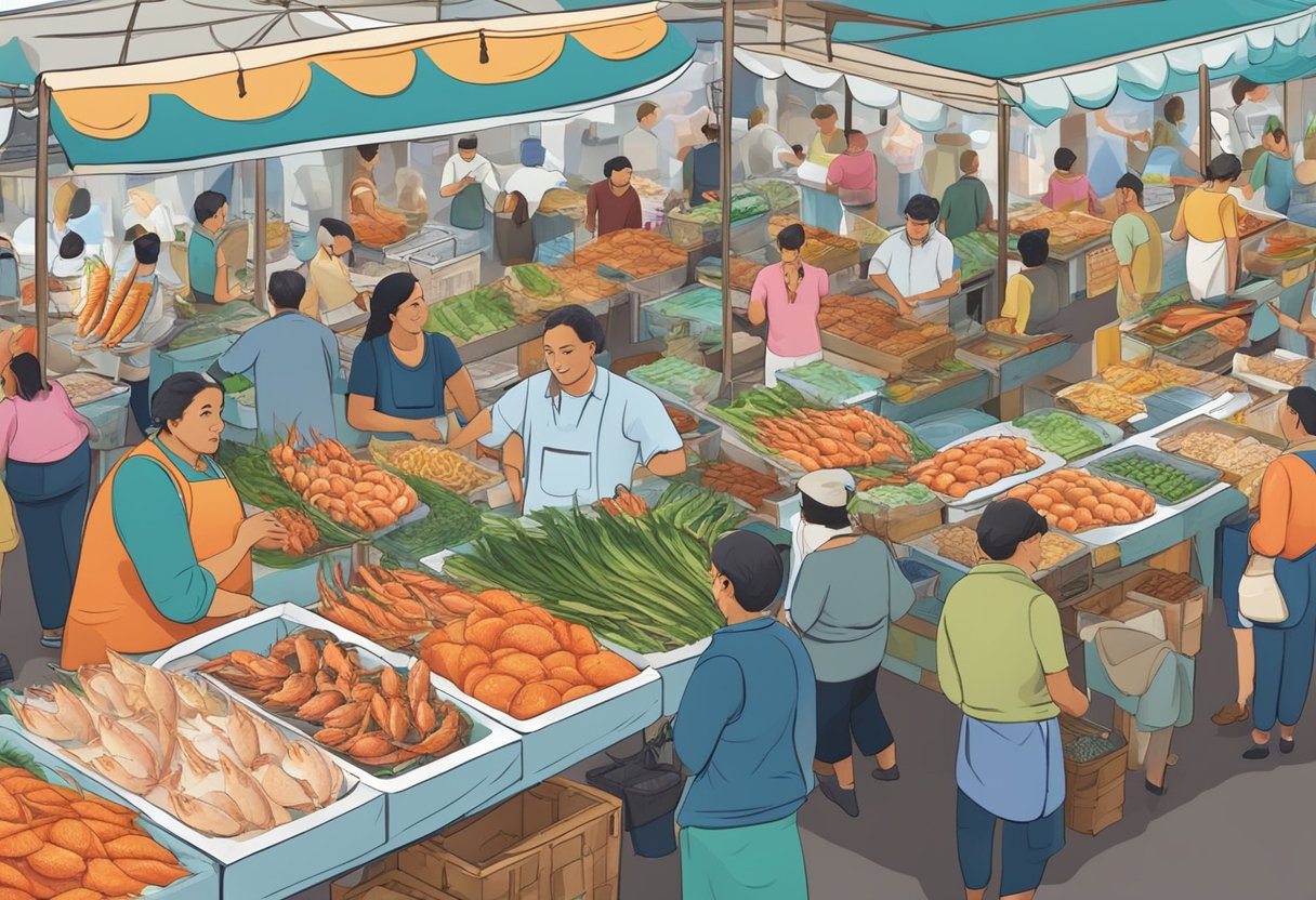 A bustling seafood market with colorful signs and fresh catches on display, customers browsing and asking questions at the stall