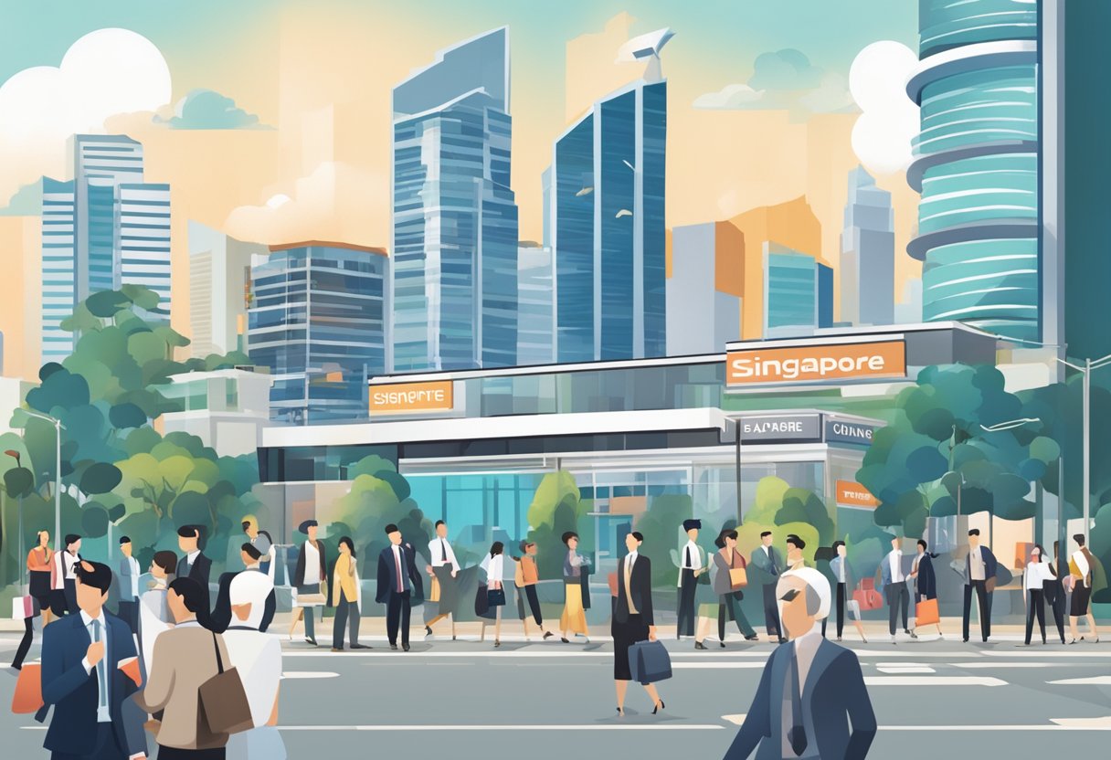 A bustling Singapore cityscape with a prominent recruitment agency office sign, surrounded by professionals in business attire