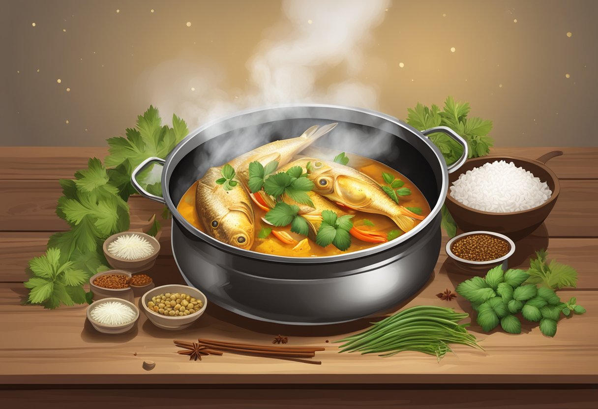 A steaming pot of Yu Cun Curry Fish Head, surrounded by aromatic spices and fresh herbs, sits on a rustic wooden table