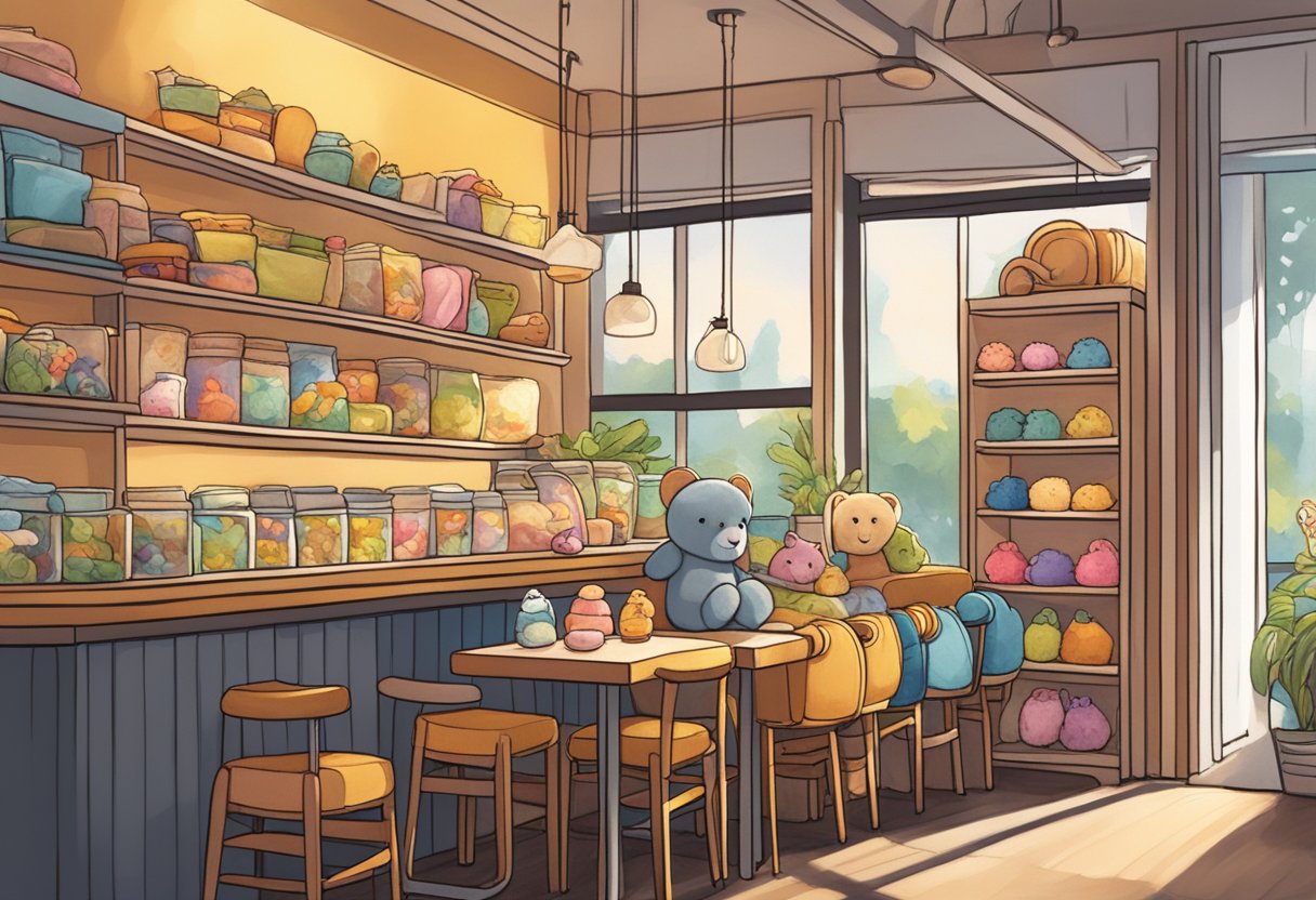A cozy corner in a Singaporean cafe, with shelves of colorful Jellycat plush toys. A warm glow from the afternoon sun illuminates the soft, huggable creatures, inviting customers to pick them up and give them a squeeze