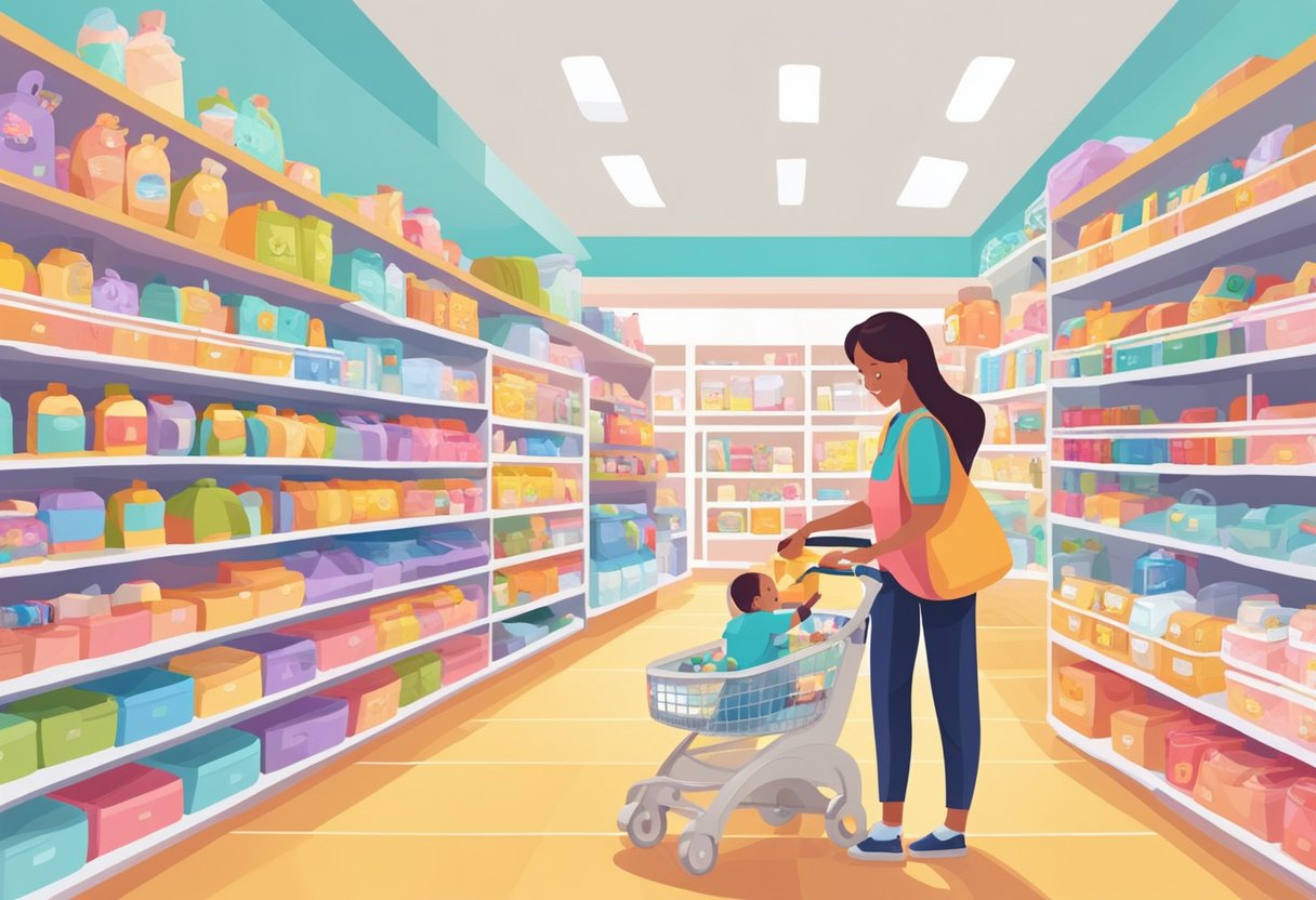 A mother browses baby products in a bright, spacious store. Shelves are neatly stocked with colorful clothing, toys, and essential items. A friendly staff member assists nearby