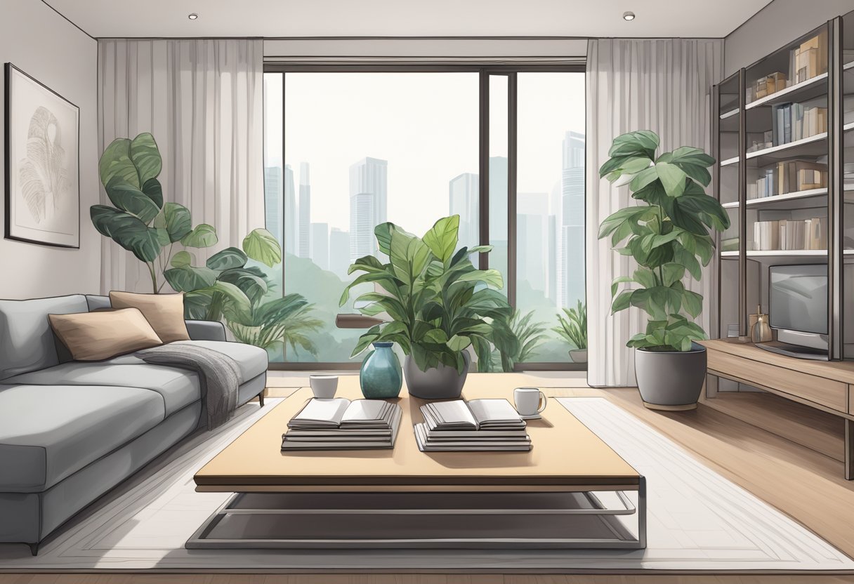 A sleek coffee table in a modern Singapore living room, adorned with a potted plant and a stack of books