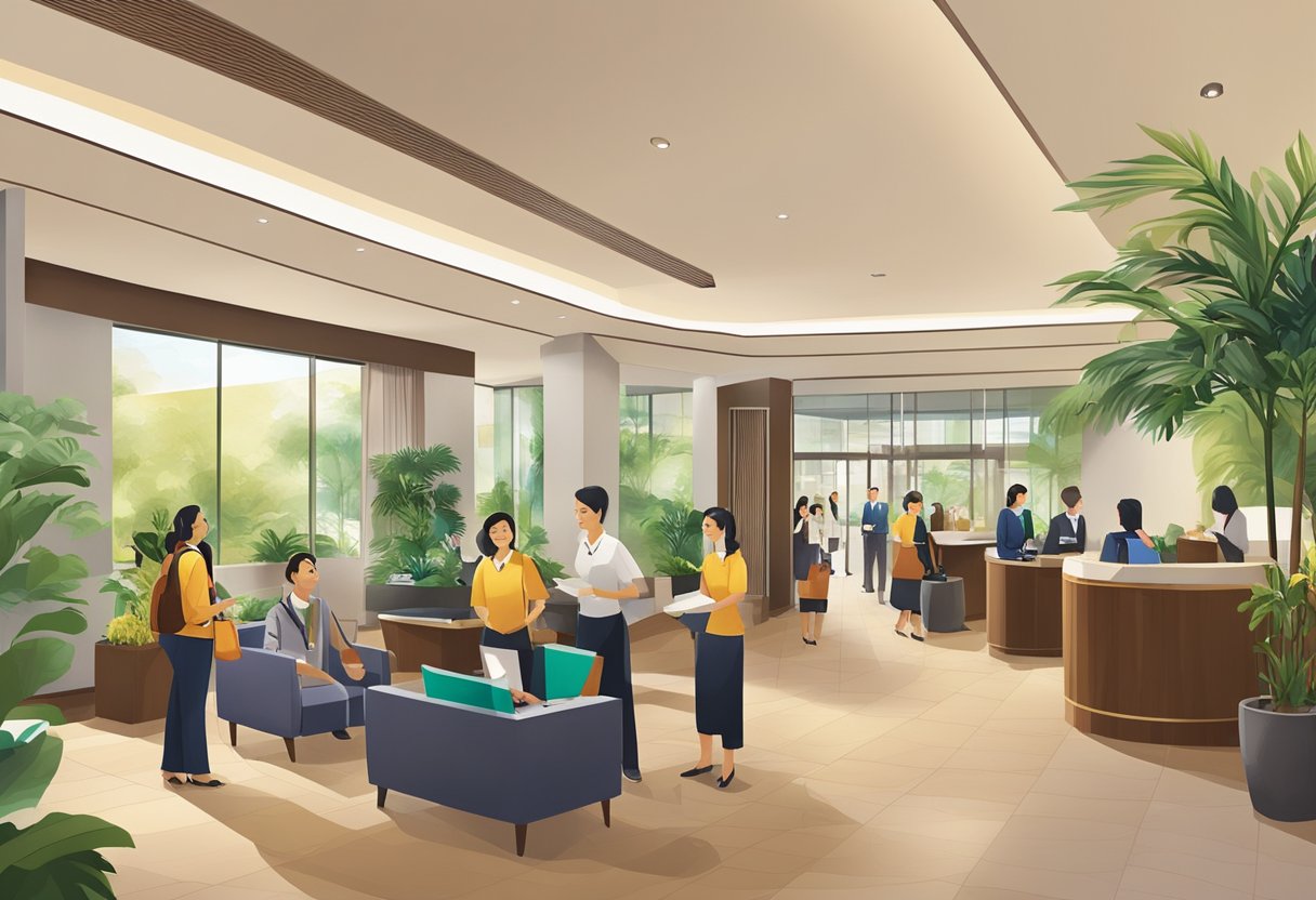A bustling lobby at Holiday Inn Singapore, with guests checking in and out, a concierge assisting, and a warm, inviting atmosphere