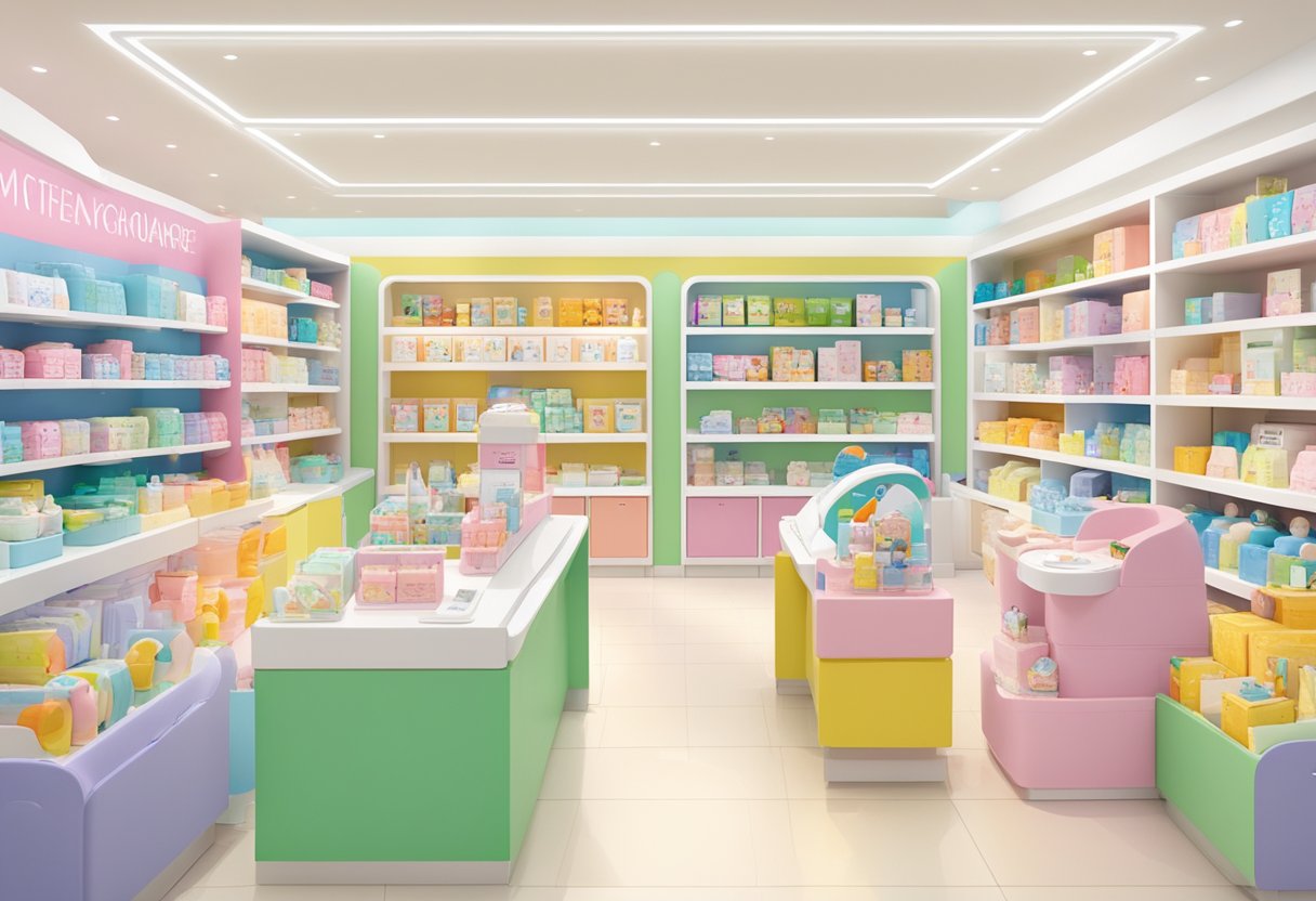 A mothercare store in Singapore, with colorful displays, shelves of baby products, and a customer service desk with a "Frequently Asked Questions" sign