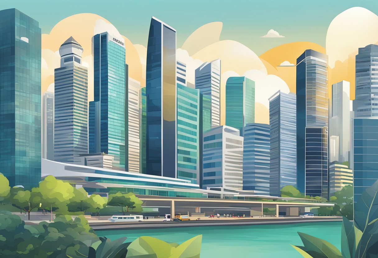 A bustling city skyline with prominent office buildings, representing the key sectors and specializations in Singapore's job market