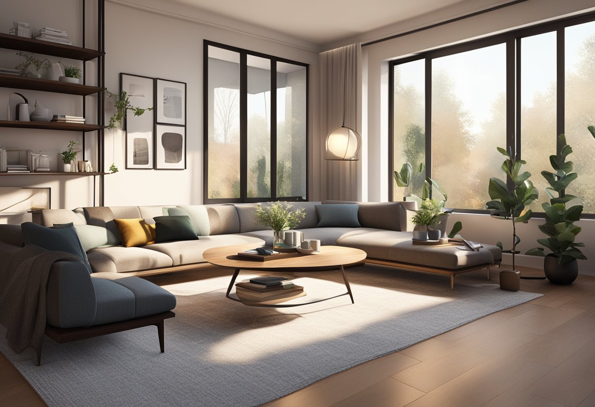 A cozy living room with a modern sofa and a sleek, minimalist coffee table. The table is made of dark wood and adorned with a few carefully curated decor items. Light streams in through the large windows, creating a warm and inviting atmosphere