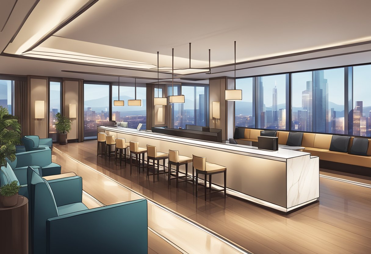 A modern hotel lobby with a sleek reception desk, comfortable seating areas, and a stylish bar. A large window provides a view of the city skyline