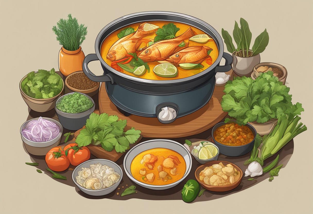 A steaming pot of Yucun curry fish head simmering on a stove, surrounded by various spices, herbs, and fresh vegetables