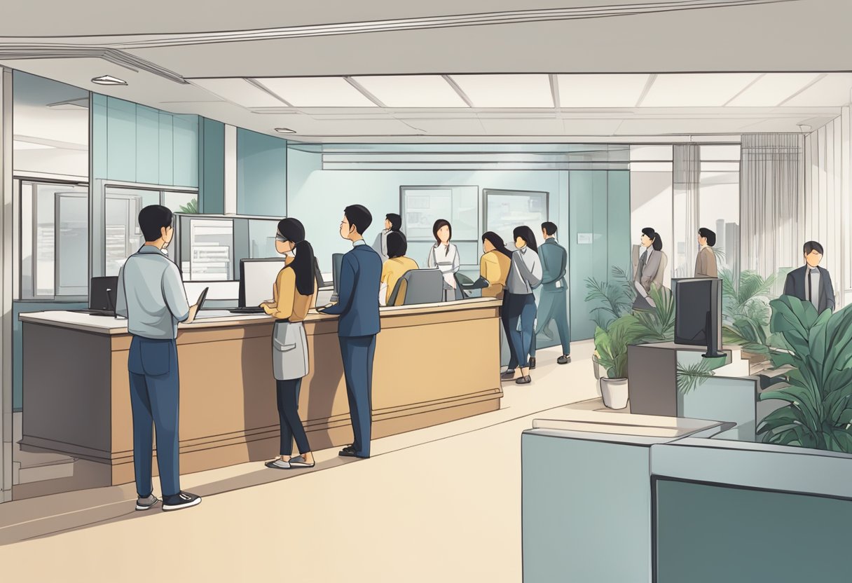 A crowded office with people waiting in line, a receptionist at the front desk, and a sign that reads "Frequently Asked Questions Recruitment Agency Singapore."