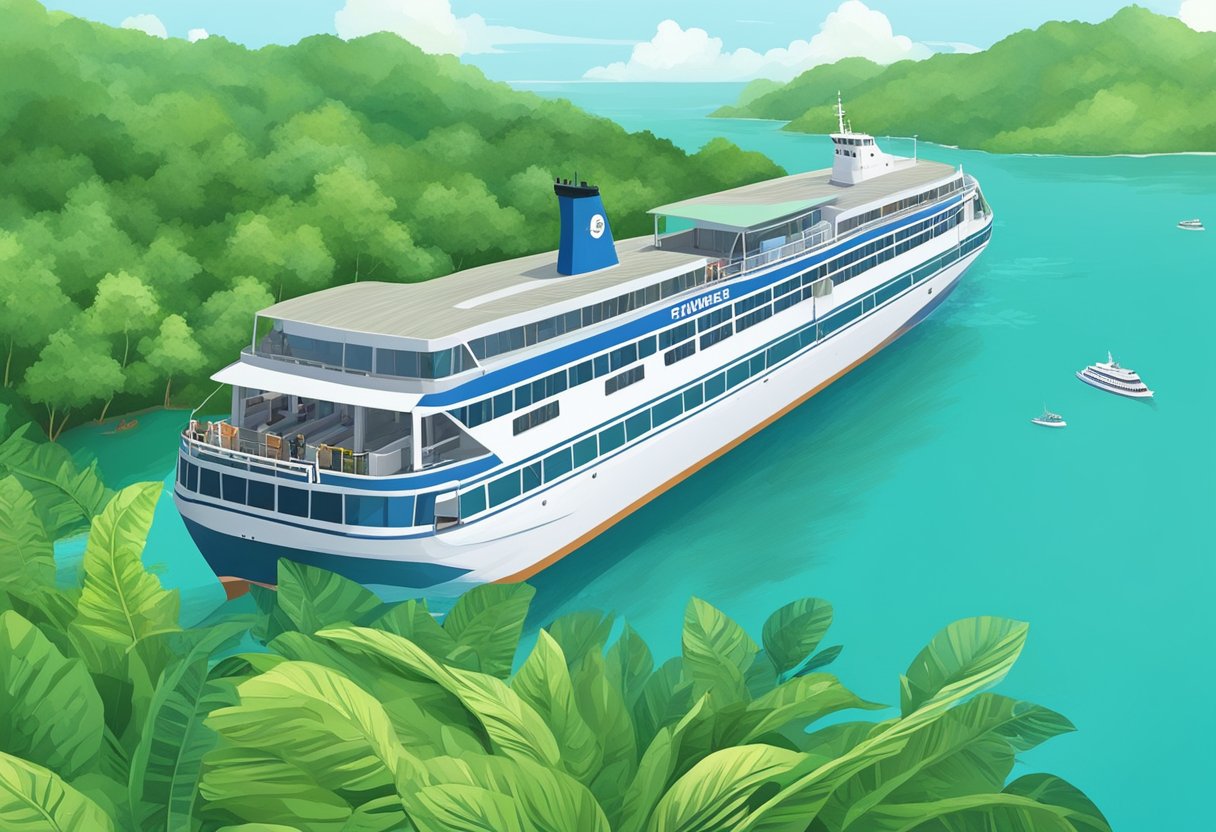 A ferry sails from Singapore to Phuket, passing through clear blue waters and lush green islands along the way