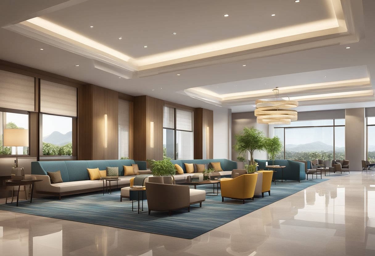 The hotel lobby is modern and spacious with a sleek reception desk and comfortable seating areas. The large windows provide plenty of natural light, and the decor is contemporary and inviting