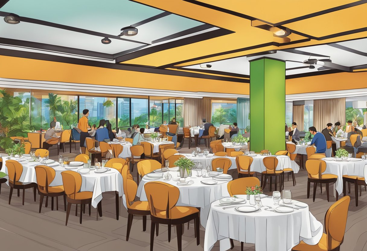 A bustling dining area with colorful decor and live music at Holiday Inn Singapore