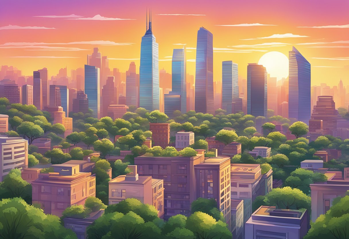 A bustling cityscape with iconic skyscrapers and lush greenery, set against a backdrop of a vibrant sunset over the horizon
