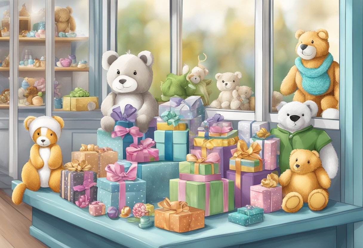 A table with various gift items, including stuffed animals and personalized items, displayed in a shop window