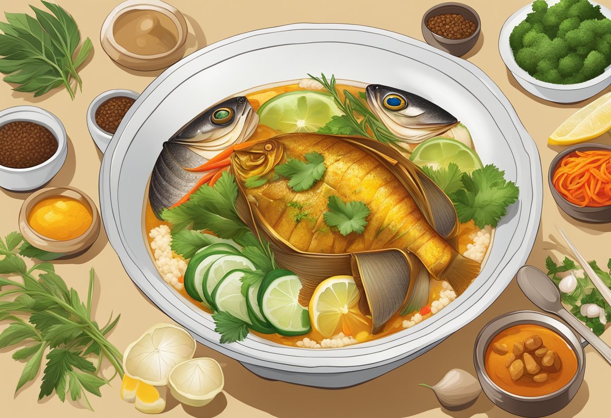 A steaming pot of yucun curry fish head surrounded by aromatic spices and herbs, with a side of fluffy white rice and colorful vegetable garnishes