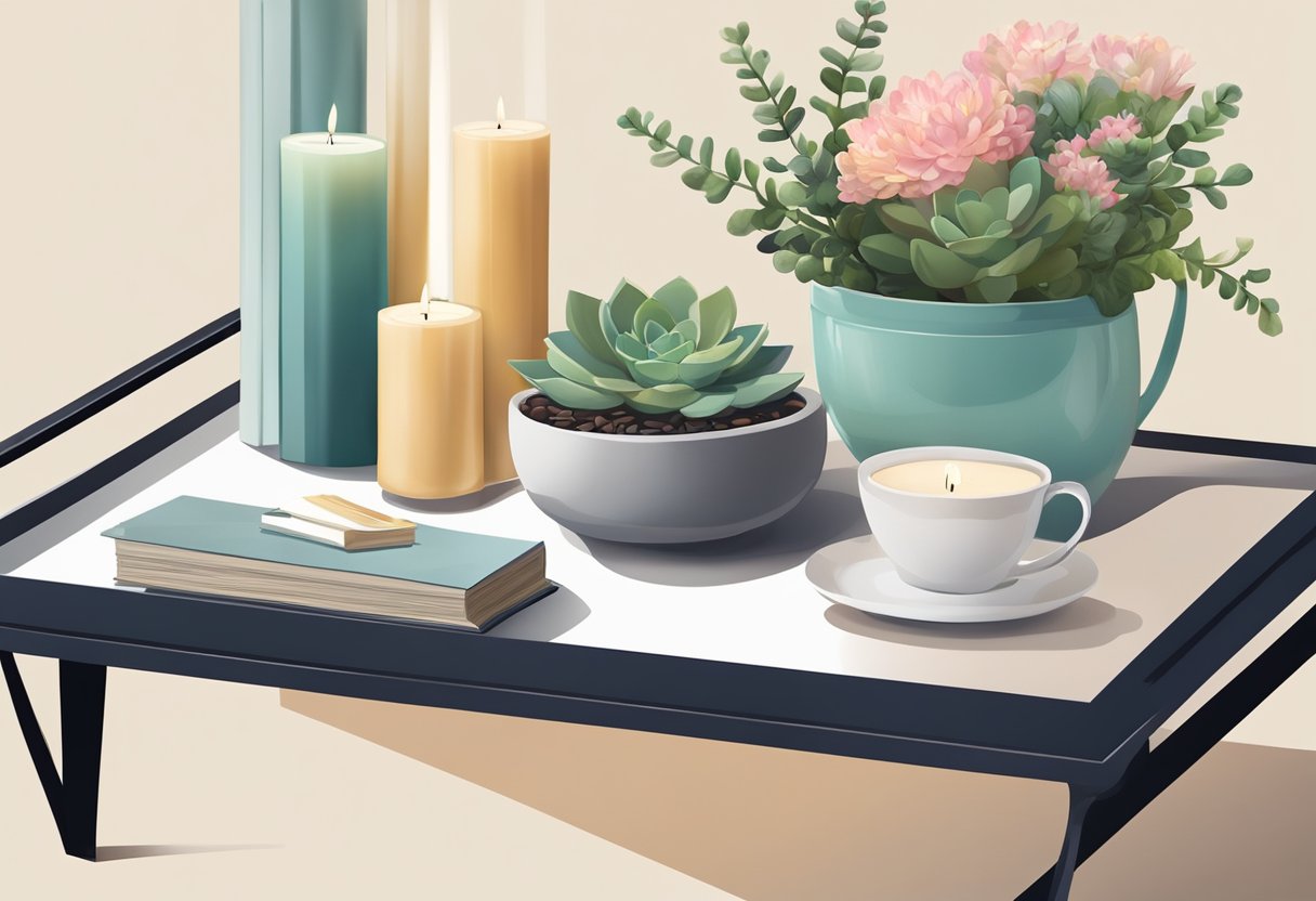 A sleek coffee table adorned with a vase of fresh flowers, a stack of art books, and a decorative tray holding scented candles and a succulent plant