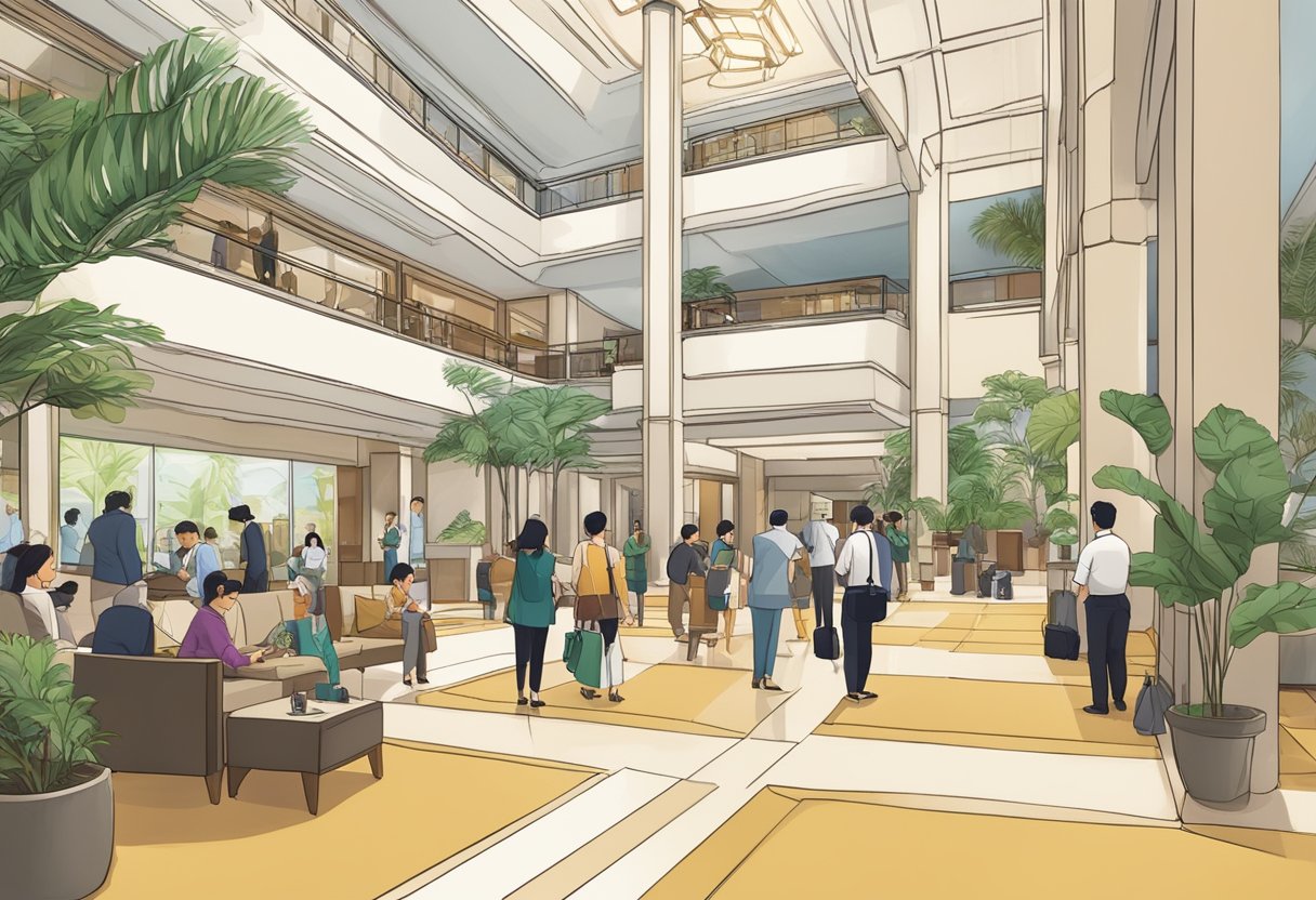 A busy hotel lobby with a sign reading "Frequently Asked Questions" in Singapore. Guests and staff are seen interacting and seeking information