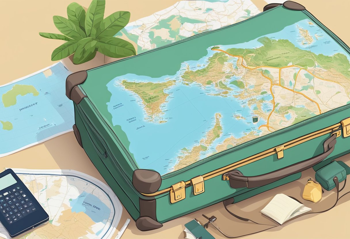A map of Singapore and Phuket with a dotted line connecting the two destinations. A suitcase and travel essentials laid out on a table