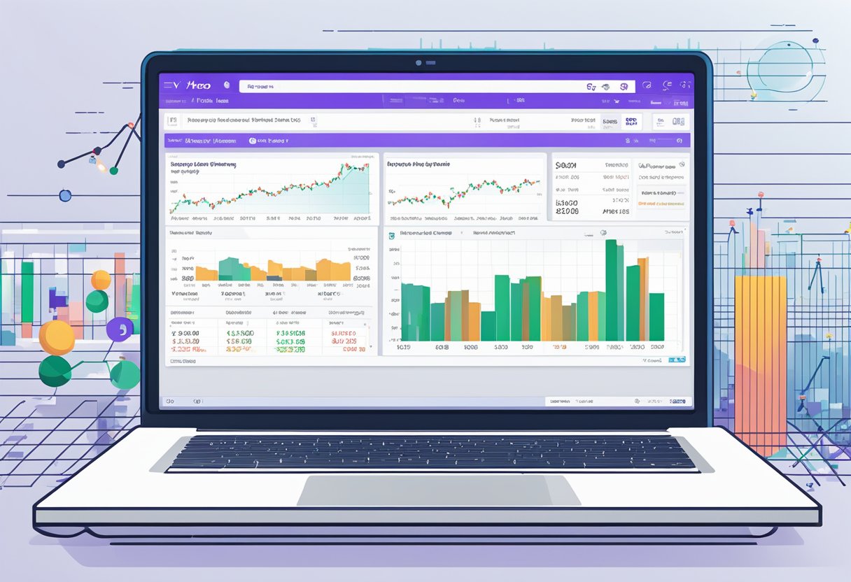 A laptop displaying Yahoo Finance Singapore with stock charts and graphs