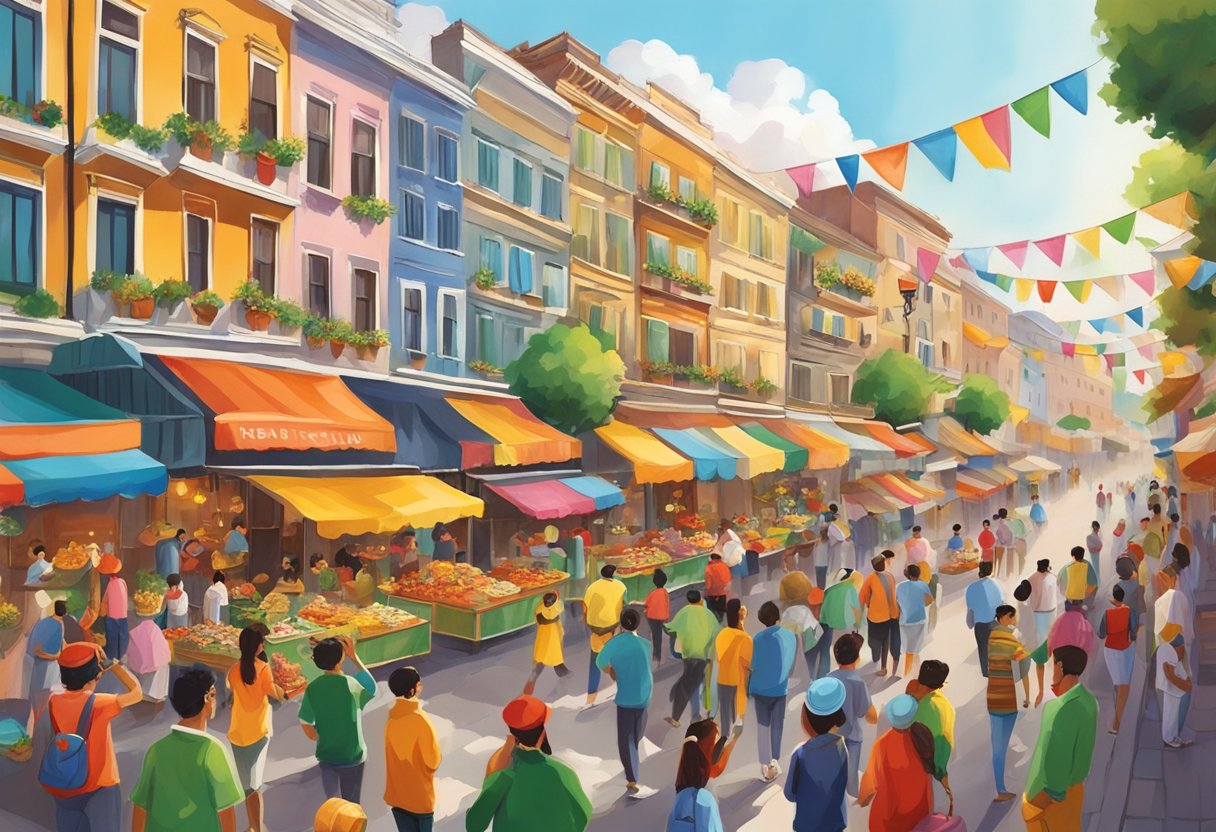 Colorful decorations adorn the streets, with people enjoying festive parades and cultural performances. The air is filled with the scent of delicious food from street vendors, and the sound of laughter and music fills the atmosphere