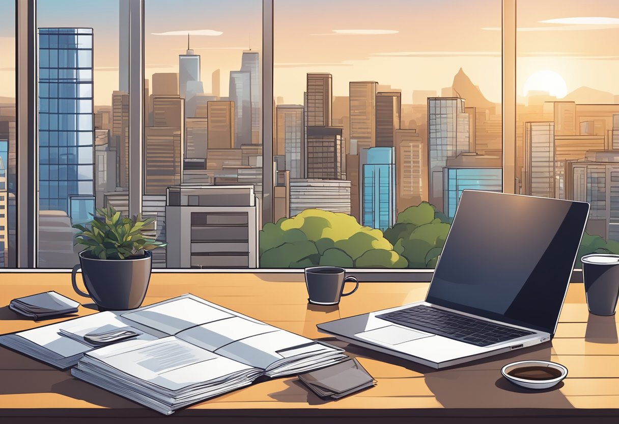 A modern coffee table with a stack of neatly organized brochures and a sleek laptop on top, set against a backdrop of a bustling cityscape