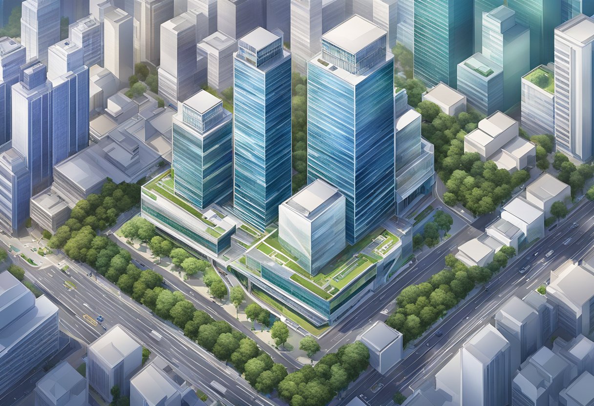 An aerial view of the Yahoo Finance Singapore office building and surrounding cityscape