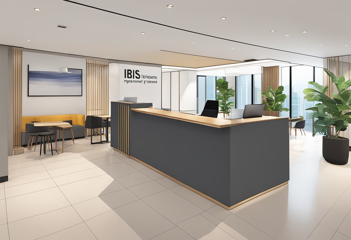 The lobby of ibis Singapore Novena, with a sleek reception desk, modern decor, and a prominent "Frequently Asked Questions" sign