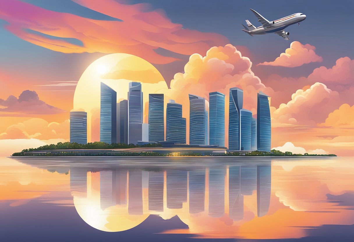 The sun sets over the Singapore skyline as a plane takes off towards the horizon, leaving behind a trail of clouds