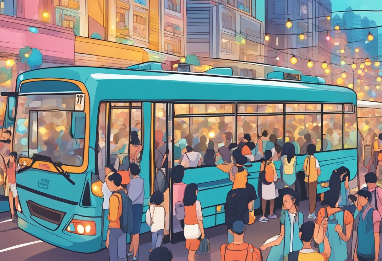 People traveling by bus and train, crowded streets, festive decorations, and colorful lights in Singapore during public holidays
