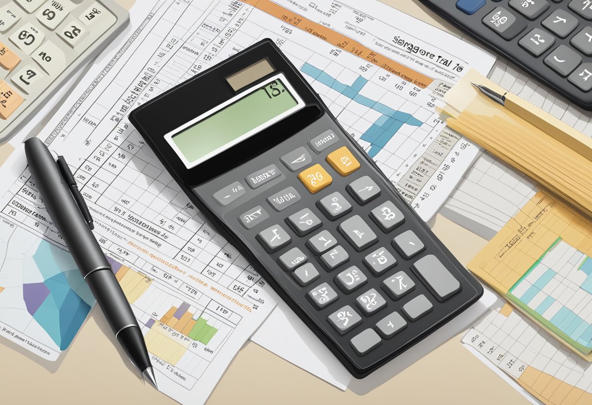 A calculator with the words "Singapore Income Tax Calculator" displayed on the screen, surrounded by financial documents and a pen